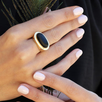 Gold Black Onyx Oval Ring - February Birthstone Cocktail Jewelry • Statement Big Ring
